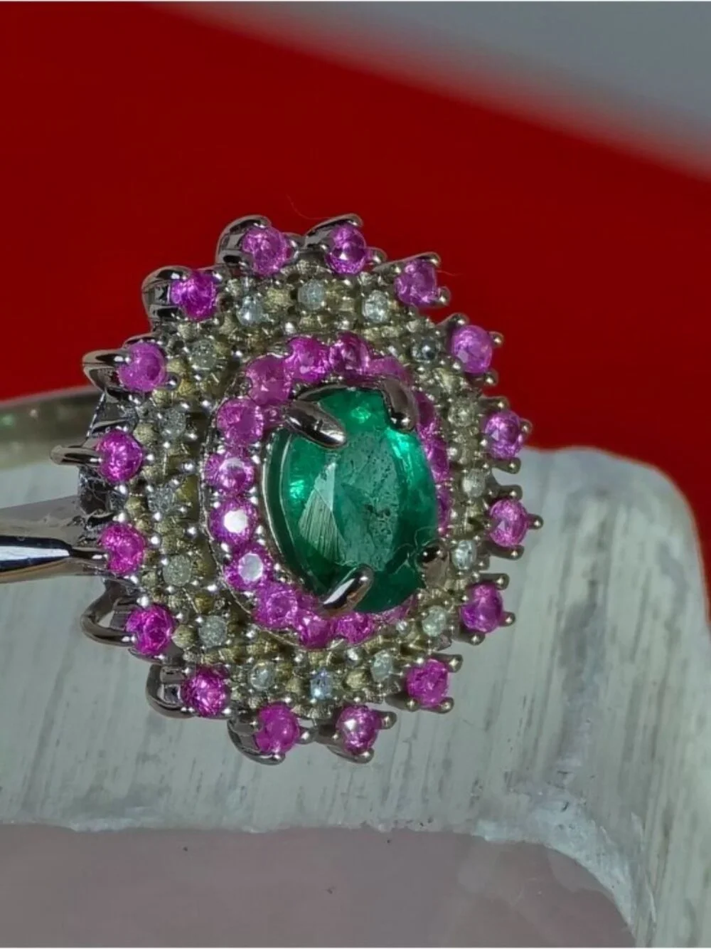 925 Sterling Silver Ring 7.5 with Natural Emerald Sapphires & Diamonds